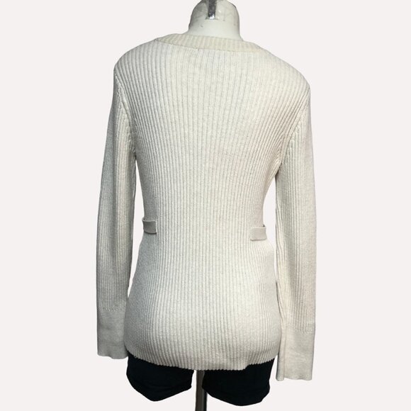 CALVIN Klein Oatmeal V Neck Button Down Ribbed Knitted Cardigan Size Large - Picture 2 of 11